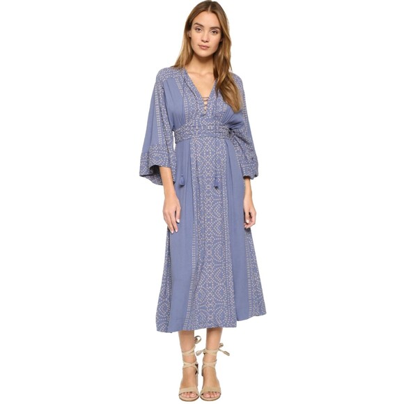 Free People Modern Kimono Dress Sz 0 $168 Denim Combo Lt Blue Lace Up Maxi Boho - Picture 1 of 16